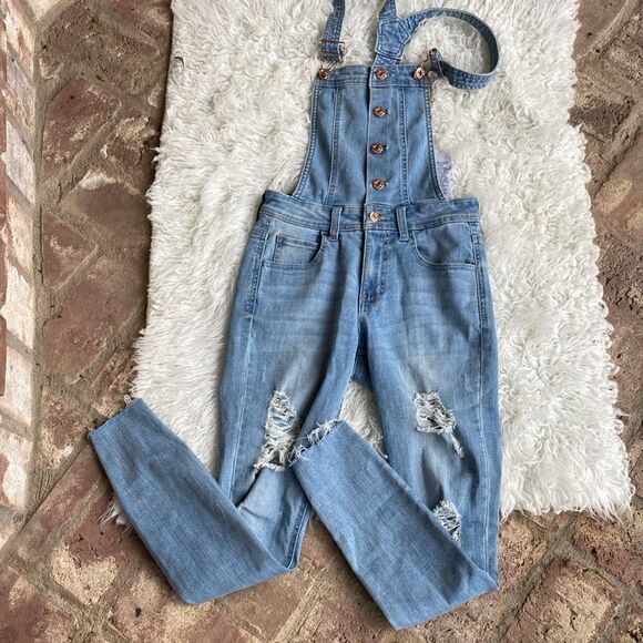 Guess Distressed Light Wash Rose Button Front Skinny Overalls Women’s 25 EUC - Picture 14 of 14